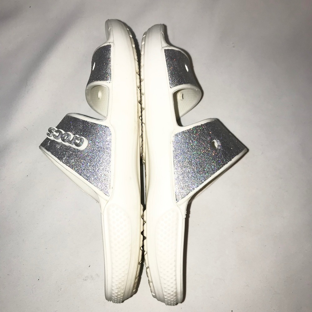 Crocs Classic Glitter Sandals Silver Strap Slides Womens 7 Mens 5 Comfort Summer - Picture 10 of 13